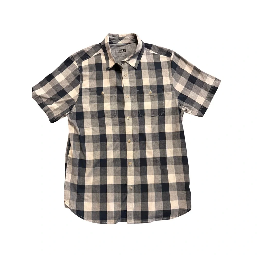 The North Face Mens Large‎ Navy Blue White Plaid Short Sleeve Button Down Shirt